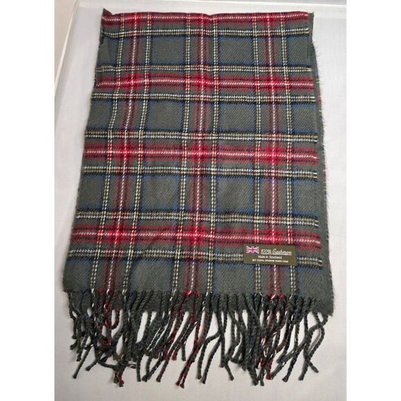 Scotland Accessories - Vintage Gray & Red Tartan 100% Cashmere Scarf With Fringe old money warm soft